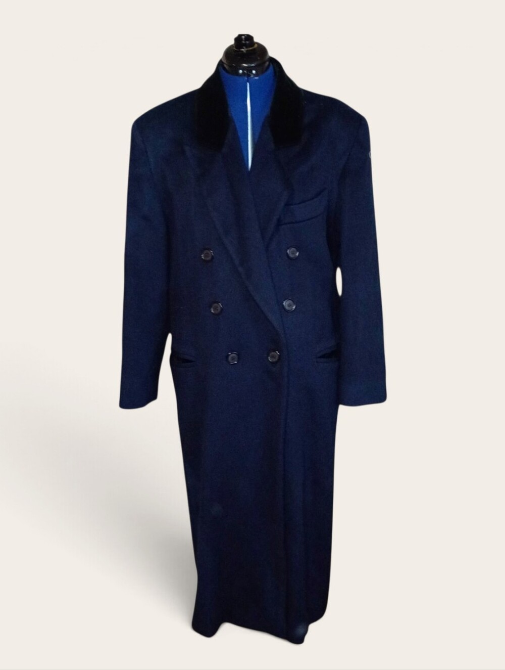 Long Double-Breasted Navy Pea Coat with Velvet Collar